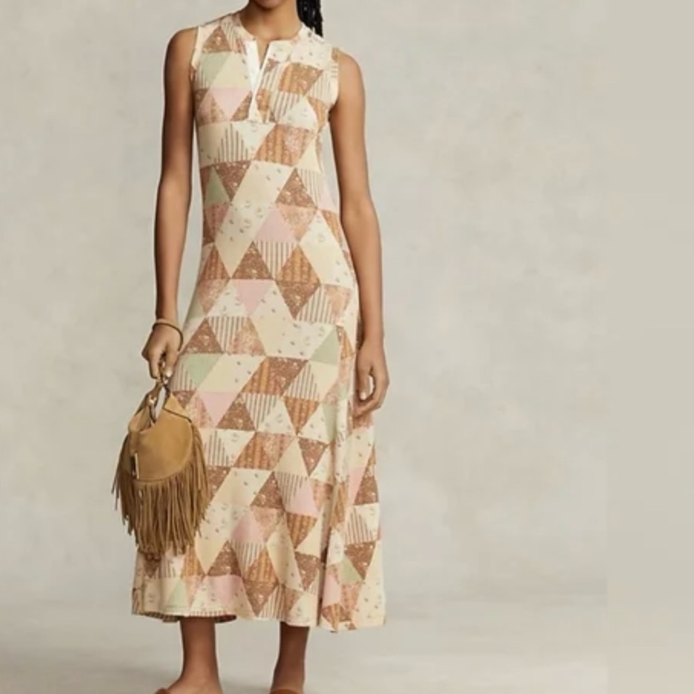 Polo Ralph Lauren Waffle Knit Patchwork Maxi Dress Tan Multi XXL